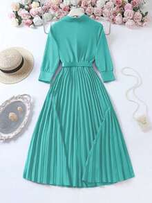 Plus Size Elegant Waist-Cinched Pleated Dress With Belt, Suitable For Spring/Summer, Formal Occasions, Weddings, Birthdays, And Teacher Outfits - Mint Green - View 6