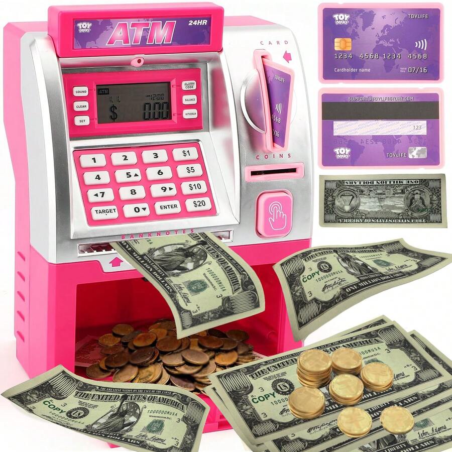 Kids ATM Piggy Bank With Code Lock - Electronic Money Counter, LCD Display & Fingerprint Scanner, Smart Savings Bank For Real Money, Educational STEM Toy For Kids' Financial Responsibility - Hồng - Xem 1