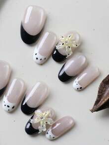 10pcs Press On Nails Nails Press On Nail Supplies White Cat's Eye Black French Big Flower Fake Nails Short Office DailyWear False Nails Artificial Nails Kit Includes 1sheet Adhesive Tabs &1 Pc Mini File - Multicolor - View 3