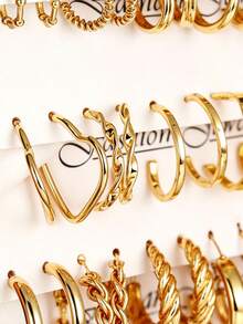 YUNCHUN 24 Pairs Gold Tone Hoop Earrings Set, Thick Twisted Hoops, Geometric Earrings, Suitable For Daily Wear, Party, Gift - Gold - View 7