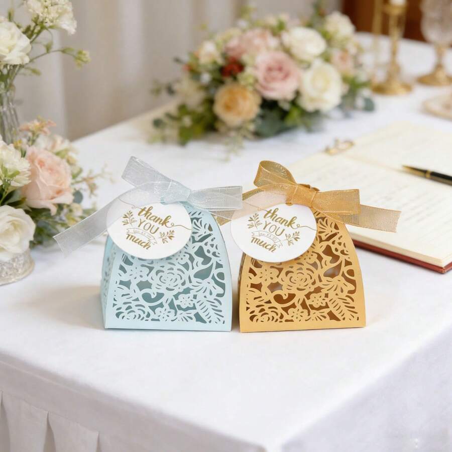25 piezas Caja de caramelos de rosa con etiqueta de agradecimiento, caja de embalaje de chocolate con corte láser hueco adecuada para bodas, San Valentín, cumpleaños, fiestas, regalos de comunión y decoración - caja de dulces - Ver 1