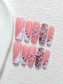 10Pcs Dreamy Fairy Style Handmade Nail Art Set,Unghie Press On,Colorful Rhinestones, Hand Pinched Five Petal Flower,White And Purple Nail Polish,Includes Nail Tools,3 Sizes Available,Almond Nails, Duck Nails,Coffin Nails For Party, Dance, Daily Wear. - 彩色 - 查看 14