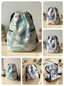 1pc Drawstring Closure Backpack, Multi-Scenario, Super Capacity, Ultra-Lightweight, , High-Aesthetic, Foldable Storage Bag, Cartoon Dinosaur & Mermaid Print Drawstring Gym Bag, Dust-Proof, Suitable For Outdoor, Fitness, Daily Commute & School Use - Multicolor - View 1