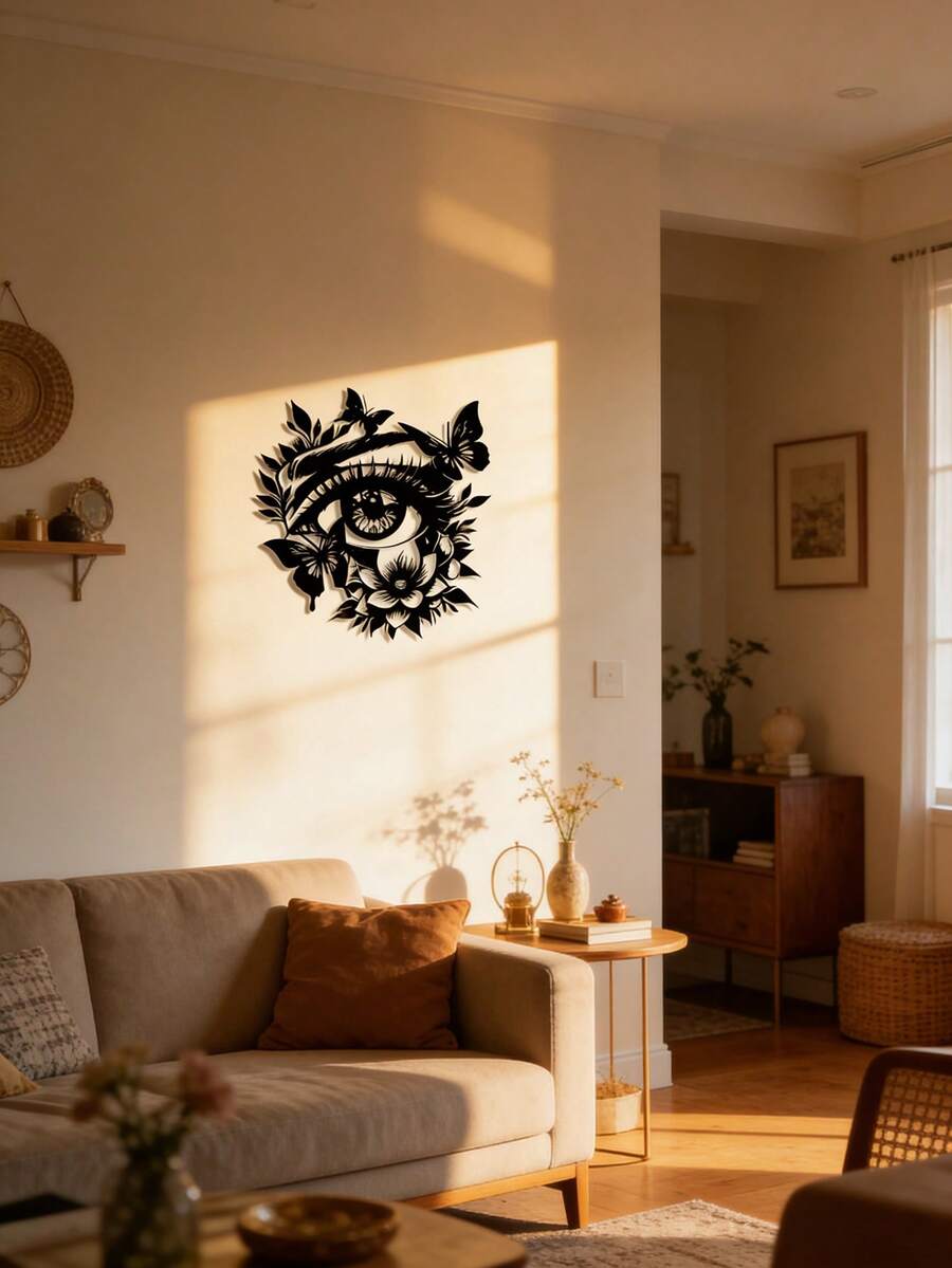 1pc Eye With Butterflies & Flowers Metal Wall Art, Black Floral Wall Decor, Metal Crafts, Modern Living Room Bedroom Home Decoration, Outdoor Indoor Wall Hanging Ornament, Housewarming Gift - Black - View 1