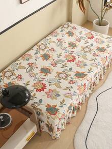 1pc Fresh Plant Printed Sofa Bed Cover With Skirt Edge, Polyester Fiber Sofa Cover, Suitable For Armless Sofas - Beige - View 9