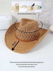 Bohemian Style Hollow Straw Hat, Summer Fashion Beach Vacation UV Protection Woven Khaki Hat - A - View 3