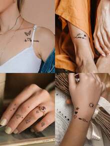 Tatuajes temporales de pequeños patrones de pájaro negro, corazón, diamante, nota musical, latido del corazón para dedos, orejas, muñecas, Body, estilo boceto - Negro - Ver 5