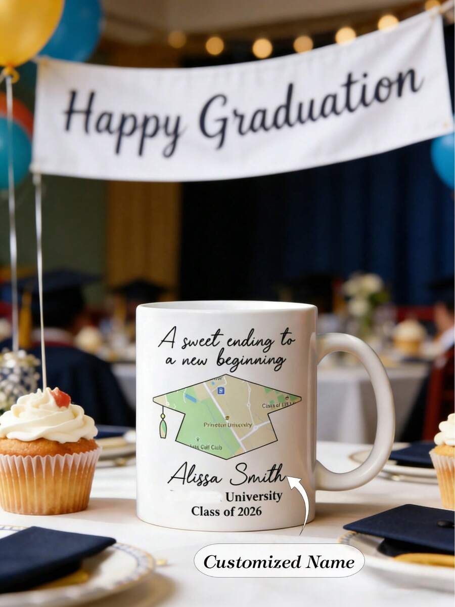 Customized University Graduation Memorial Mug, Personalized Name Map Graduation Cap Coffee Cup, This Graduation Gift Puts A Sweet Punctuation On A New Beginning - White - View 1