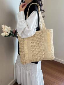 夏季草編海灘包 大容量手提包 度假風簡約百搭女包 - 米色 - 查看 5