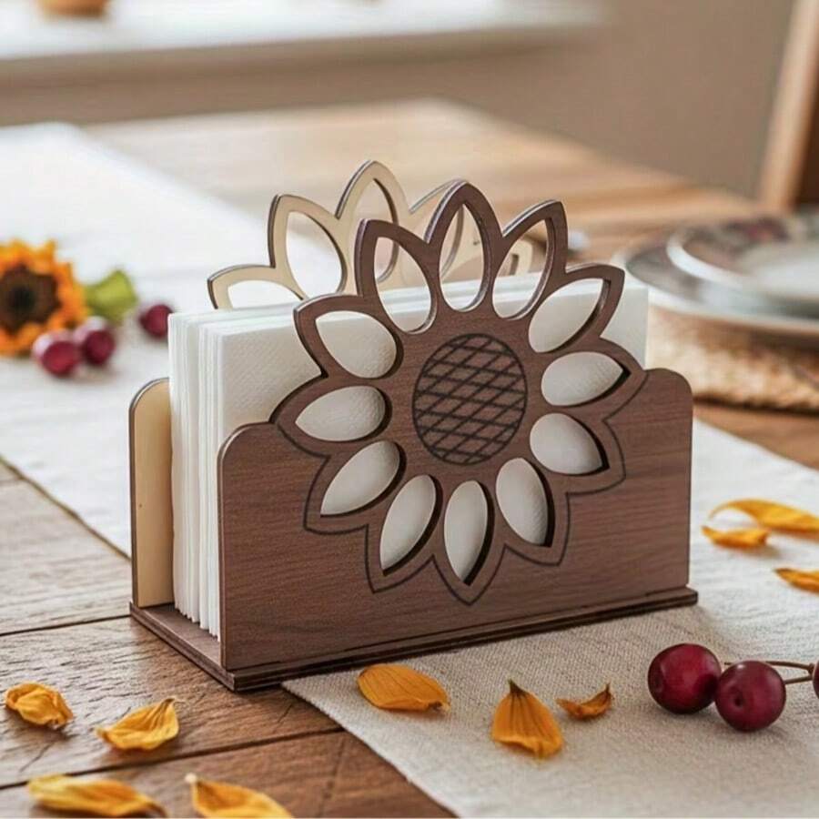 1pc Fashion Sunflower Tissue Box Holder, Wood Grain Desktop Tissue Box, Kitchen Countertop Or Dining Table Decor, Home Tissue Storage (Suitable For Tissues, Papers, Menu Cards)