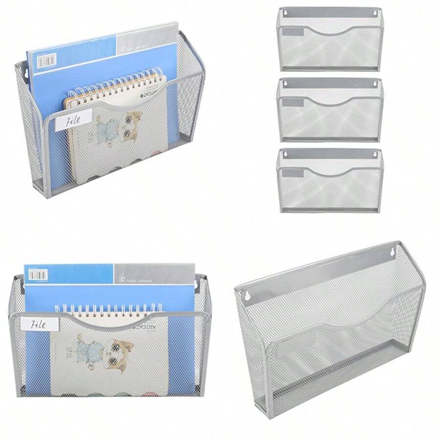 EasyPAG - Paquete de 3 soportes para archivos de pared con panel de etiquetas organizador de archivos colgantes de malla individual para papel tamaño carta A4 cesta de papeleo de montaje en pared - plateado - Ver 1