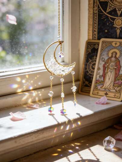 1 chiếc đồ trang trí treo hình trăng lưỡi liềm vàng bằng pha lê, đồ trang trí cửa sổ hình trăng sao tạo cầu vồng, trang trí phòng theo phong cách Boho, đồ trang trí treo hình trăng sao thiên thể, đồ trang trí thiền định tâm linh, mặt dây chuyền quả cầu pha lê, quà tặng cho mẹ, trang trí cửa sổ phòng ngủ, phòng khách, nhà bếp, đồ trang trí nhà theo phong cách Boho, đồ trang trí năng lượng tích cực, quà tân gia, lăng kính chữa bệnh bằng pha lê, trang trí nhà Boho, trang trí phòng theo phong cách phù thủy, đồ trang trí bệ cửa sổ thiên thể.
