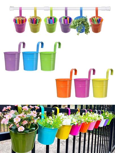 2pcs Colorful Metal Hanging Flower Pots, With Painted Decor - Balcony Railing Hanging Herb Garden Iron Art Hanging Plant Buckets, Round/Outdoor Railing Porch Patio Wall Balcony Garden Use, Durable Metal Gardening Buckets With Mini Colored Planting Pots (Succulents And Containers)