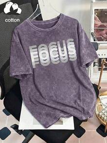 Camiseta casual de mujer con estampado de letras, cuello redondo, manga corta, casual, para primavera/otoño/verano, atuendos para mujer, tops para mujer - Morado claro - Ver 5