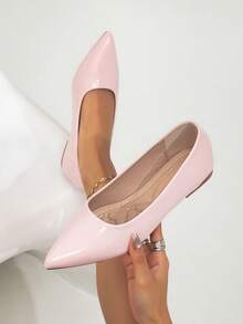 Women's Spring/Summer New Fashion Simple Elegant Embroidered Flats, Pointed Toe, Pearl Pink PU Leather, Comfortable Slip-On Low Heel Casual Shoes, Suitable For Office, Commute, All Seasons - Pink - View 1