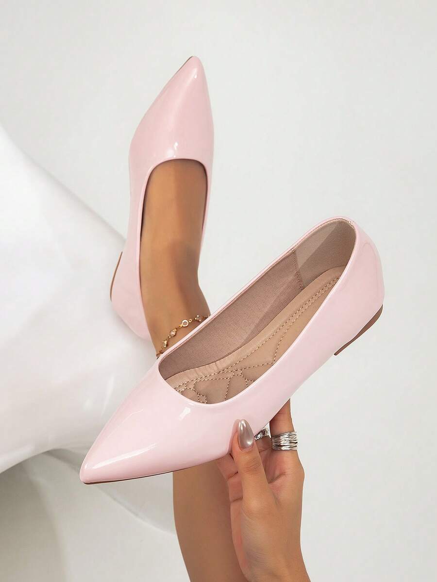Women's Spring/Summer New Fashion Simple Elegant Embroidered Flats, Pointed Toe, Pearl Pink PU Leather, Comfortable Slip-On Low Heel Casual Shoes, Suitable For Office, Commute, All Seasons - Pink - View 1