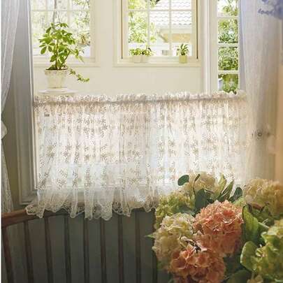 1pc French Style Floral Embroidered Semi-Sheer Curtain, Cabinet Curtain, Door Curtain, Partition Curtain