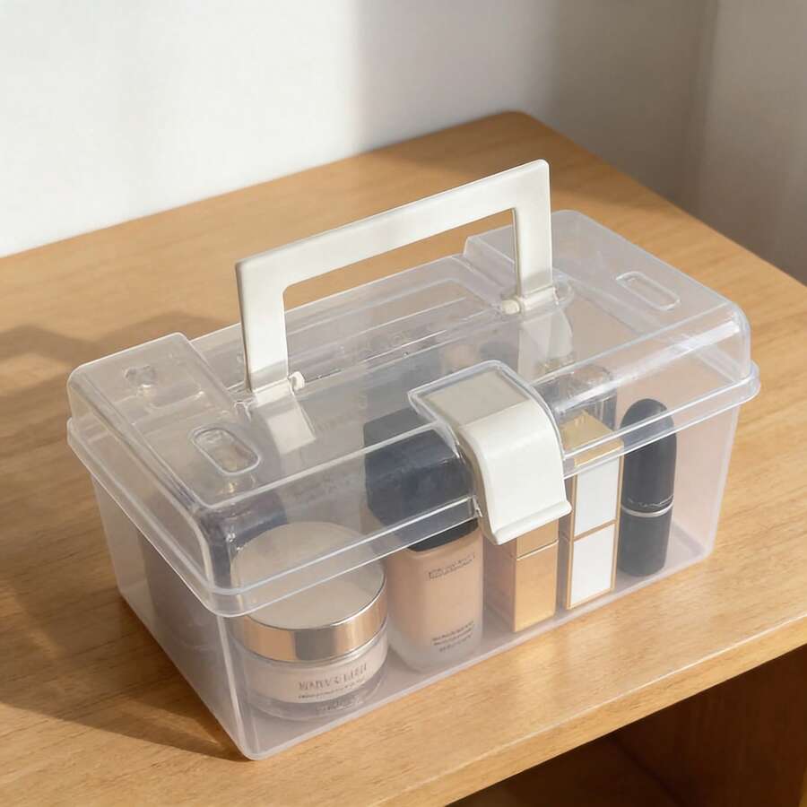 1pc Large Transparent Plastic Storage Box With Handle, Portable Organizer For Jewelry, Hair Accessories, Stationery And Small Items, Made Of Durable PP Material, Transparent Design For Easy Viewing, Ideal For Home Organization - Multicolor - View 1