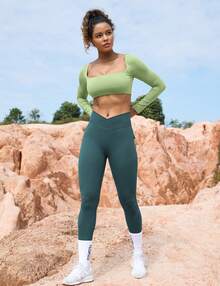 YEOREO Workout Leggings With Pockets For Women V Cross Waist Scrunch Charm Leggings No Front Seam Gym Yoga Pants  Summer Leggings For Women - 藍綠 - 查看 4