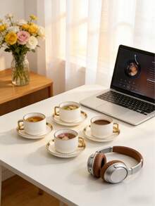 Conjunto de 6 xícaras e pires TAO, estilo minimalista francês, com borda dourada e listras verticais brancas. Inclui xícara de café e pires para chá. Pode ser lavado na lava-louças. Ideal para hotéis, restaurantes, cozinhas domésticas, decoração de mesa, chá da tarde, café, chá de ervas, presentes personalizados, lembrancinhas, utensílios de cozinha, festas, aniversários, casamentos e jantares. Perfeito como presente para o Dia dos Namorados, Dia das Mães e Dia dos Pais. - Multicolorido - Ver 5