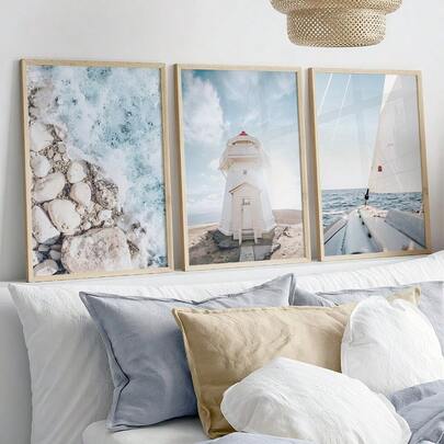 3Pcs Coastal Ocean Canvas Wall Art, Beach Lighthouse Sailboat Prints, Nautical Blue Sea Wave Decor For Living Room Bedroom, Modern Boho Coastal Home Decoration, Frameless