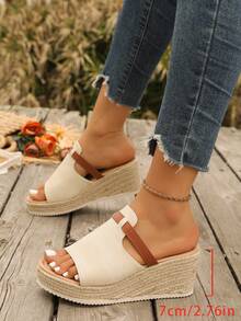 Women's Straw Wedge Rope Open Toe Slippers, Thick Sole Elevated Summer Outdoor Sandals - Beige - View 7