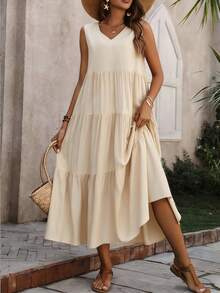 Soft Apricot Sleeveless V-Neck Ruched Waist A-Line Maxi Dress - Lightweight Flowy Tiered Beach Vacation Outfit Women Summer Local Warehouse Discounts. | Prom Dresses | Dresses For Women | Dresses | Summer Dresses For Women | Elegant Dresses For Women | Vestidos Elegantes De Mujer | Dresses For Women Summer | Formal Dresses | Satin Dresses | Elegant Dress | Satin Dresses - Apricot - View 4
