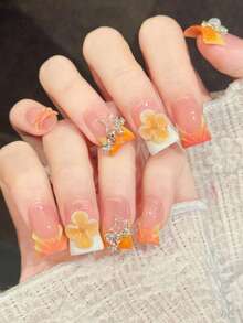 10 piezas de uñas postizas cortas con forma de pato, degradado naranja-rosa, decoradas con flores 3D y strass, hechas a mano - Naranja Quemada - Ver 3