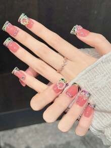 Short Duck Beak Nails Orange Pink Holographic Tiger Pattern With Bow-Fake Nails 10 Pieces - Watermelon Pink - View 3