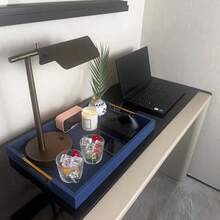 14x20 Inches Blue Faux Leather Wrapped Wood Serving Tray With Metal Handles For Various Occasions, Ottoman, Home Decor Decorative, Living Room, Coffee Table Organizer, Serving Breakfast On Bed - / - 查看 7