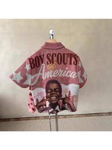 New Retro Street Hip-Hop Letter Character 3D Print Loose Men's Short-Sleeved Cardigan Shirt - 淡粉 - 查看 4