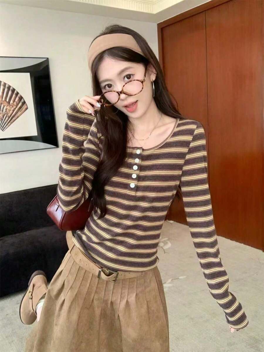 女士条纹长袖T恤，修身休闲叠穿上衣，百搭单品 - 咖啡棕 - 查看 1
