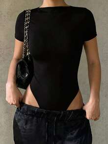 Sexy Fashion Versatile Round Neck Backless Metal Decor Short Sleeve Fitted Bodysuit Spring Summer New Style, Flattering Curves, Suitable For Daily Commute, Dating, Bachelorette Party, Stage Performance - Black - View 3