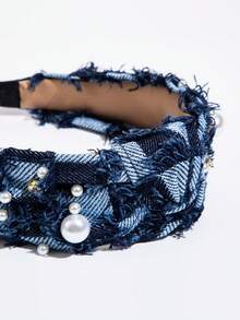 1 chiếc băng đô kiểu hip-hop phóng khoáng, đính đá, ngọc trai và tua rua, làm từ vải denim, thích hợp cho phụ nữ đeo khi đi nghỉ mát. - Màu xanh hải quân - Xem 3