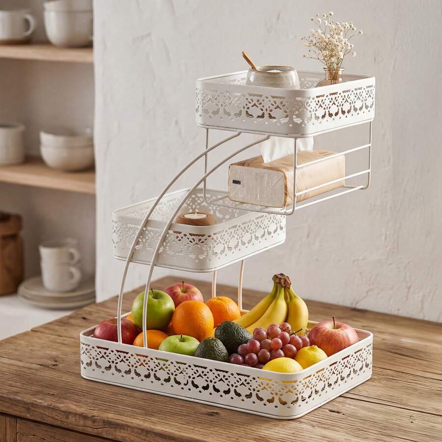 Senmeo 1Pc 3-Tier Patterned Metal Storage Basket, Space-Saving Sturdy Rack, Fruit/Vanity/Kitchen/Bathroom Use, Black - White Pattern - View 1