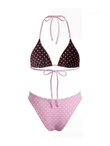Women's 2 Piece Bikini Set Reversible Dot Print Halter Bra And Low Rise Briefs Bathing Suit For Beach Pool - Pink - View 5