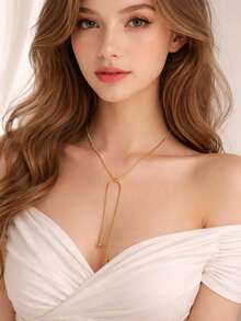 18K Gold Plated Stainless Steel Adjustable Brushed Necklace, Waterproof Non-Fading Sliding Y-Shaped Necklace, Minimalist Exquisite Long Pendant Chain Jewelry For Women - Pull-out - View 4
