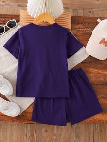 Setelan 2pcs Musim Panas: Kaos Lengan Pendek Leher Bulat dan Celana Pendek, Kasual, Olahraga, Pelajar, Liburan, Atletik untuk Usia 3-7 Tahun - Purple - View 2
