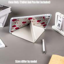 Y型折叠高透明亚克力保护壳，粉色底座搭配红色苹果爱心图案。保护壳特点：Y型三折支架设计，智能睡眠/唤醒功能，全方位保护，亲肤边框材质，气囊防摔边框，多角度支架，透明亚克力背板，内置笔槽，精准开孔，轻巧便携。 - 彩色 - 查看 7