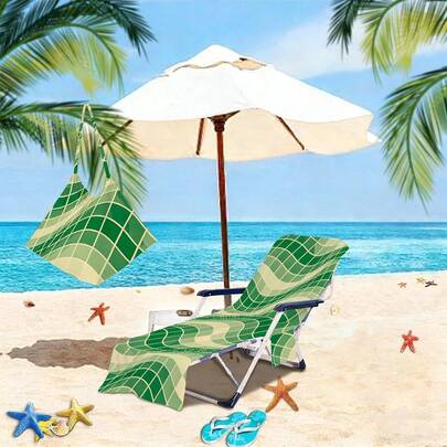 1pc Quick-Dry Summer Green Asymmetrical Rectangle 3D Wave Dynamic Print Beach Chair Cover - Lightweight Breathable With Pocket, Suitable For Travel And Beach Vacation, Pool Lounge Chair Towel, Portable Foldable Beach Chair Cover, Beach Towel