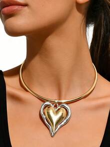 1 chiếc vòng cổ choker mỏng mịn tối giản với mặt dây chuyền hình trái tim hai màu, dành cho phụ nữ đeo hàng ngày hoặc dự tiệc Valentine - vàng đen - Xem 4
