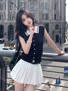 海军蓝撞色领无袖针织开衫，休闲韩版Polo领真丝混纺上衣，女士夏季 - 藏青色 - 查看 2