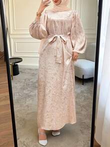 Plus Size Women Elegant Jacquard Arabic Style Dress Pink - Pink - View 1