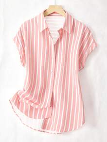 Summer Fashion Striped Single-Breasted Drop Shoulder Short Sleeve Shirt, Polyester Contrast Color Front Button Closure, Short Front Long Back - Foundation White Stripe - View 3