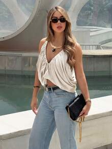 女士纯色优雅缎面褶皱吊带背心性感时尚露背吊带衫休闲夏季 - 香檳色 - 查看 2