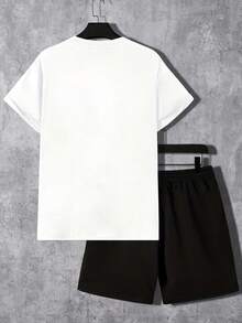 2026 New Men's Short Sleeve Shorts Two-Piece Set, Loose Casual Sports Outfit, Cotton-Shirt + Mixed Cotton Shorts Set, Printed Short Sleeve Shorts Two-Piece Set, Street Fashion Outfit, Unisex% Cotton Short Sleeve + 80% Cotton Shorts, Parent-Child Style, Couple Style - 白色 - 查看 2