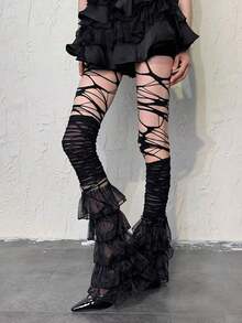 1pc Layered Pearl Beaded Ruffled Contrast Lace Leg Warmer, Y2k, Cozy - Multicolor - View 2