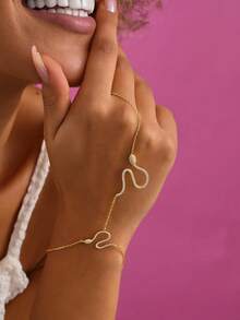 1 pieza Elegante anillo-pulsera de cobre con incrustaciones de strass con forma de serpiente, adecuado para fiestas, reuniones, citas y combinación con atuendos diarios - Dorado - Ver 2