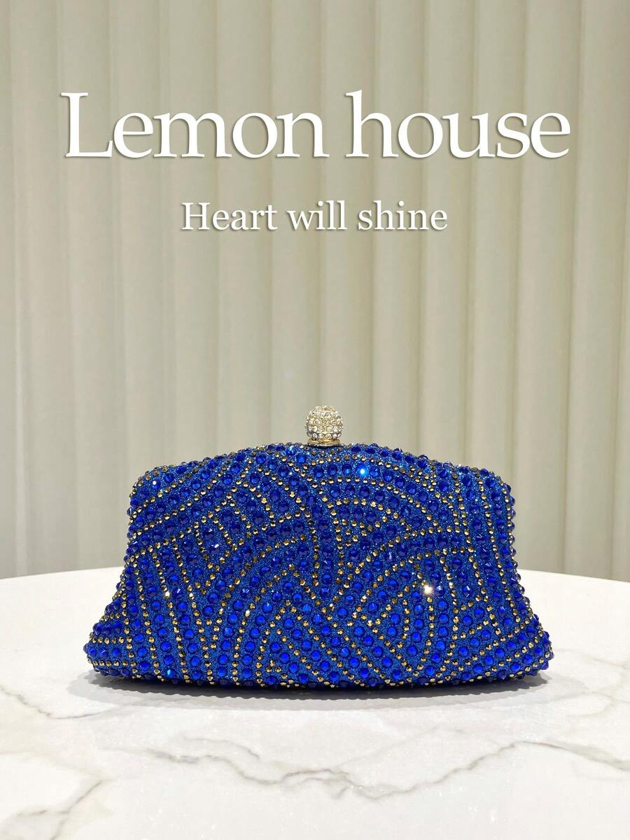 1pc Elegant Blue Sparkling Rhinestone Decor Clutch Bag, Metal Chain Shoulder Strap, Fashion Formal Evening Bag, Suitable For Gala, Wedding, Party, Gift For Women