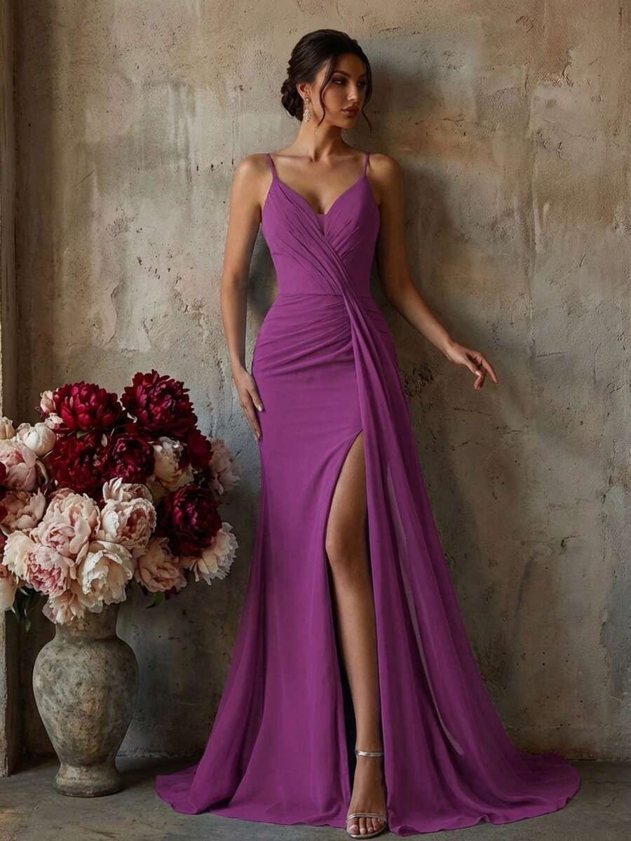 长款梭织面料伴娘礼服，裹身式设计，高开衩款式 - 紫色 - 查看 1